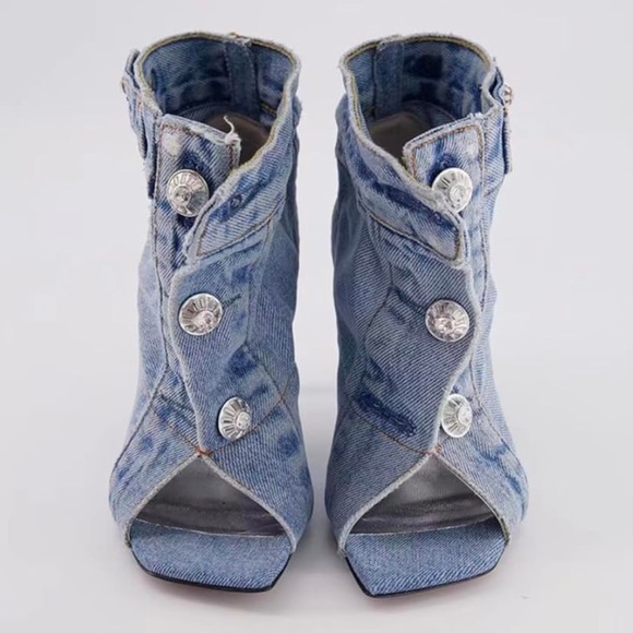 Shoes - Arqa Denim Stiletto High Heels Peep Toe Metal Button Ankle Boots size 8.5
